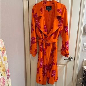 SCOOP Orange Tiger Floral Trench Coat with Red Floral Pattern size L